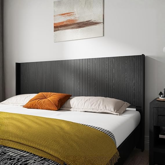 Wood Headboard Queen Size, 64.4" Wide Wooden Queen Headboard Only, Modern Farmhouse Headboards, Wall Mounted Fluted Panel, Wingback Boho Headboards, (Black Oak)