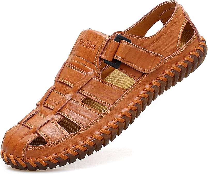 Moodeng Mens Sport Sandals Closed Toe Outdoor Fisherman Shoes Leather Summer Beach Loafters Breathable Anti-Slip