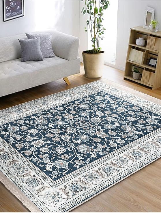 RealHomes Mavi Zemin Uşak Motifli Antik Desenli Etnik Motifler Vintage Oturma Odası Kaymaz Taban Saçaklı Halı HaliDik-Deluxe-11509, 160 x 230
