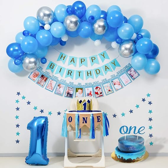Baby Boy 1St Birthday Decorations BLUE Party Supplies for ONE Highchair Banner Decorations,Royal Prince Crown,Happy Birthday Banner,12 Months Photo Banner,Blue silver Balloon Garland kit,Cake Topper