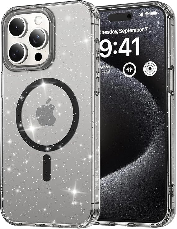Glamorous and Stylish Glittery Back Design Compatible with MagSafe MagShine Series for Minesk iPhone 16 Pro Max High Quality Material Premium Hybrid Case Cover (Black Transparent, 16 Pro Max)