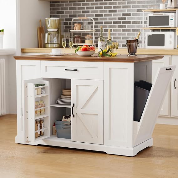 IRONCK Kitchen Island with Storage, Rolling Island Table on Wheels with Cart Drop Leaf and Trash Can Storage,White and Walnut