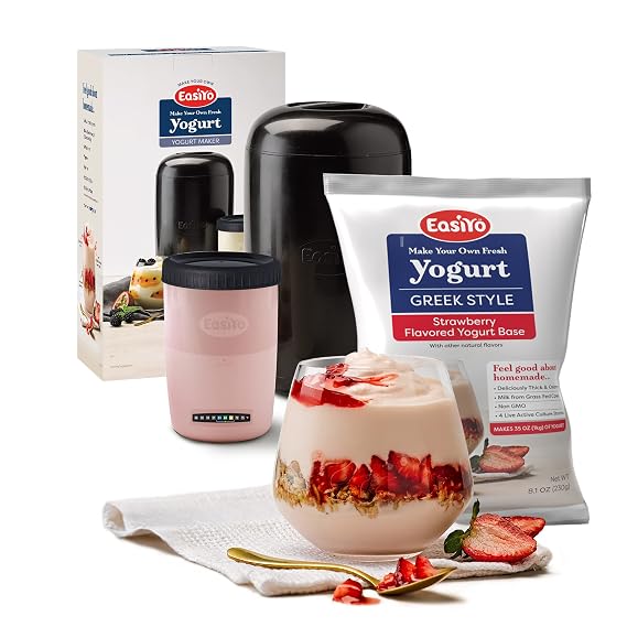 EasiYo Yogurt Starter Kit | EasiYo Yogurt Maker, Storage Jar and Greek Style Strawberry Flavored Yogurt Base (35oz, Makes 7 Servings) | Fresh Homemade Yogurt | New Zealand Milk from Grass Fed Cows