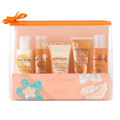Sanctuary Spa Gift Set, Petite Retreat Travel Bag with Shower Gel, Body Scrub, Body Lotion, Bubble Bath, Vegan Beauty Gift, Gifts for Women, Gift for Her, Pampering Skincare Birthday Gift