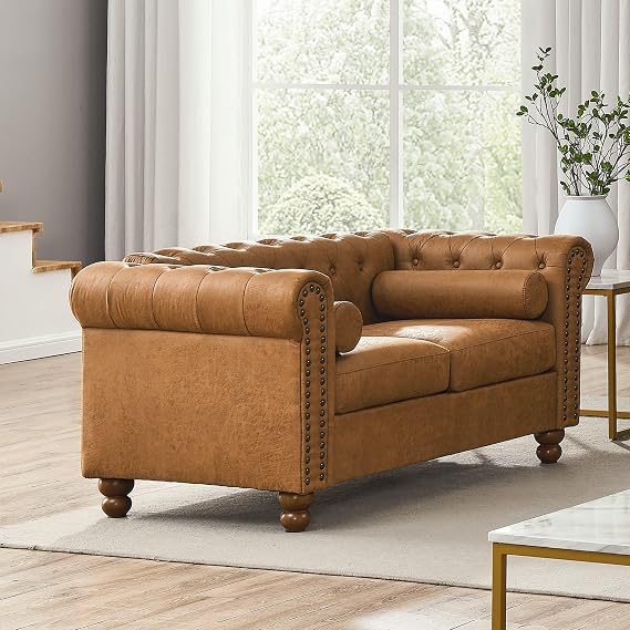 Air Leather Tufted Loveseat Couch, Rolled Arm 2-Seater Sofa with Nailhead Trim and 2 Neck Roll Pillows, Living Room Small Apartment Office Decor Brown