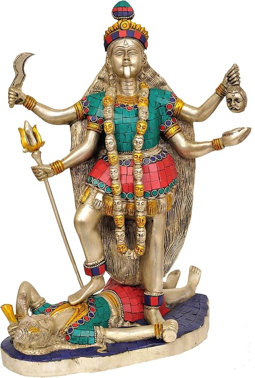 Exotic India Goddess Kali - Brass Statue with Inlay