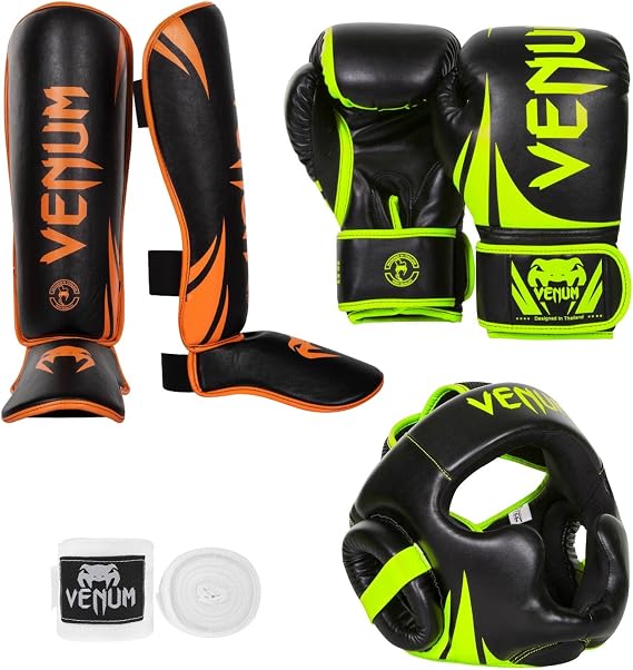 Venum Challenger 2.0 Neo Standup Bundle, Black/Yellow Gloves, Black/Orange Shinguards, Black/Yellow Headgear, Red Handwraps, 16 oz Gloves, X-Large Shinguards