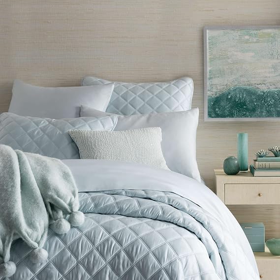 Pine Cone Hill Quilted Silken Solid Robin's Egg Blue Coverlet, King Size, Blue Solid Pattern