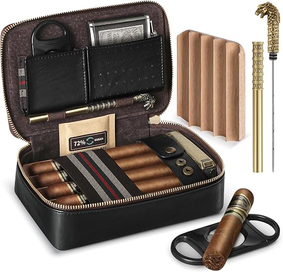 Cigar Humidor, Leather Travel Cigar Case, Portable Cigar Box with Cigar Draw Enhancer and Multifunction Cigar Cutter, Cigar Accessories Gift Set (Black)