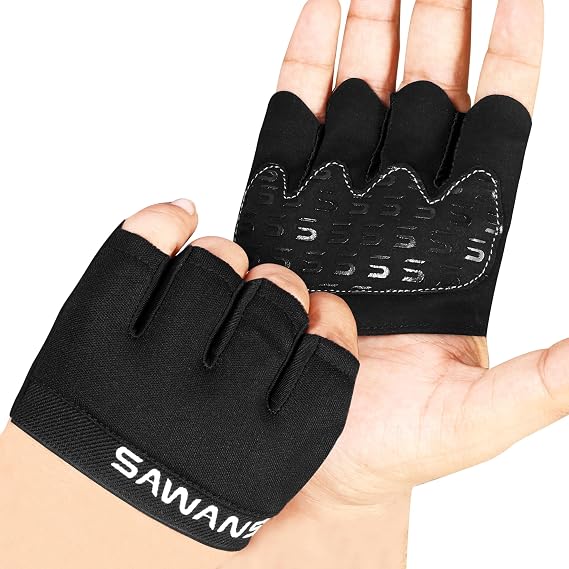 SAWANS Nonslip Workout Gloves for Men & Women, Weightlifting, Gym, Exercise, Fitness, Black, Minimalist, Finger Protectors, Half Finger Glove, Ambidextrous, Adjustable