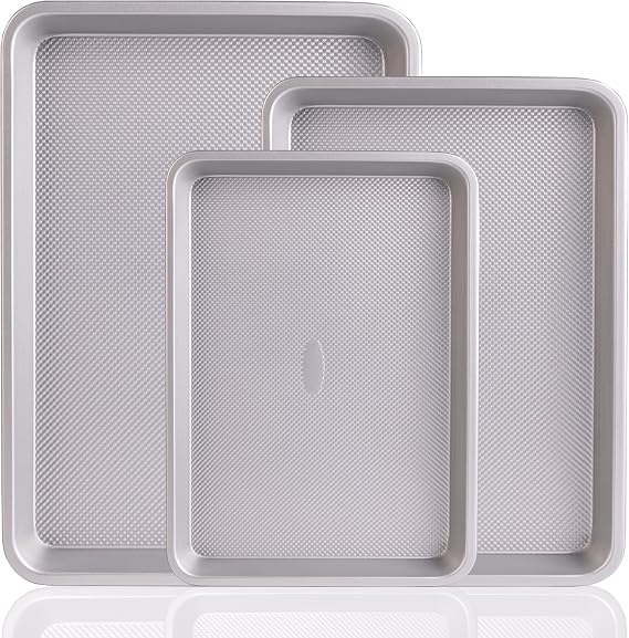 Large Baking Sheet Set of 3, UUKRAVE Cookie Sheets For Baking Non Toxic with Diamond Base, PFAS/PTFE/PFOA-Free, Nonstick Half/Quarter/Jelly Roll Pans, 0.8mm Thick Heavy Duty Cookie Tray, Silver
