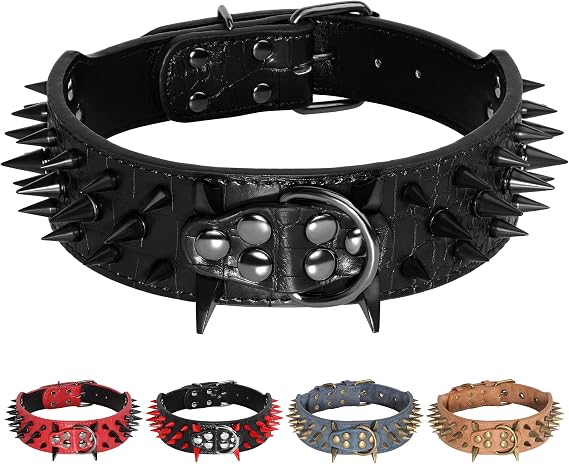 Beirui Heavy Duty Spiked Dog Collar - Stylish PU Leather Studded Dog Collar - 2 Inch Wide Pet Collar for Medium & Large Dogs - Such as Pitbull Mastiff Bulldog(Black Rivets & Black Leather,17-20")
