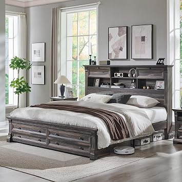 Farmhouse King Size Bed Frame with 54" Tall Headboard, Headboard with 4 Storage Rack, 2 Drawers, 18" Roman Column Decoration Footboard, Wood Platform Bed Frame, No Box Spring NeededDark Rustic Oak