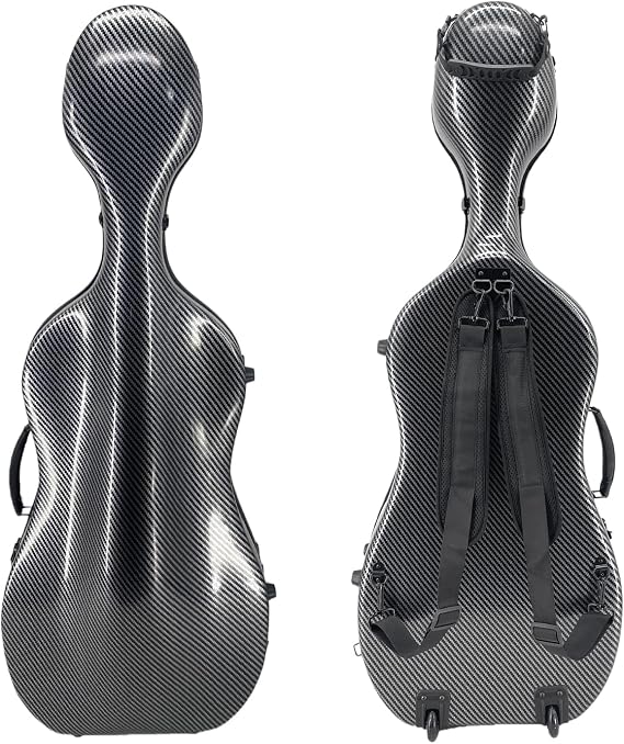 1/2 Size Cello Case - Lightweight Carbon Fiber Cello Box with Wheels, Adjustable Backpack Straps & Strong Textured Black Finish, Durable Travel Protection for 1/2 Cello