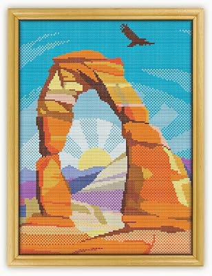 Arches National Park CS474-2 - Counted Cross Stitch KIT#2. Set of Threads, Needles, AIDA Fabric, Needle Threader, Embroidery Clippers and Printed Color Pattern Inside.