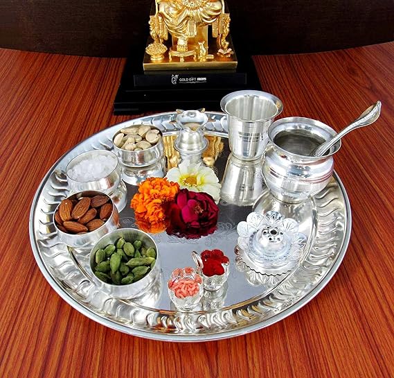 GoldGiftIdeas 12 Inch Premium Silver Plated Pooja Thali Set, Pooja Thali Decorative Plate, Wedding Gift