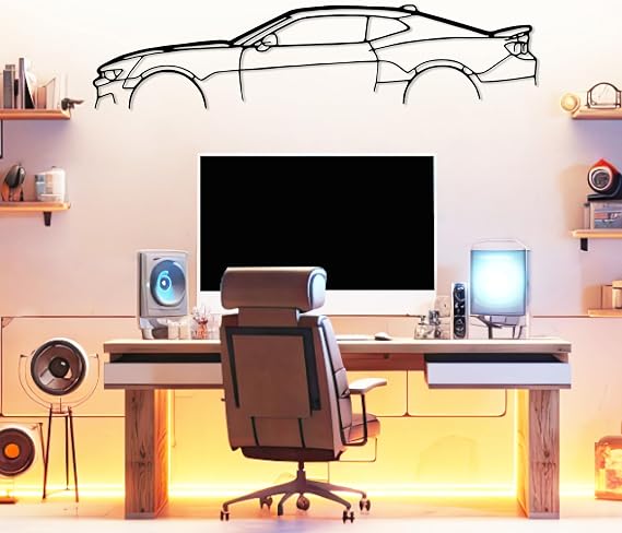 Camaro Silhouette Metal Car Wall Art, Sports Car, Automotive Silhouette Line Decoration, Minimalist Sculpture for Garage, Man Cave, Indoor Outdoor Wall Hanging, Gift for Boyfriend (Black-30x7.1inch)