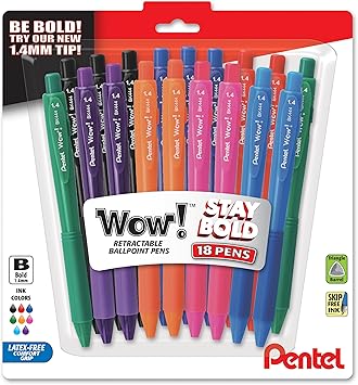 Pentel Wow! Retractable Ballpoint Pen, 1.4mm, Bold Line, Assorted Ink Colors, Pack of 18 BK444BP18M