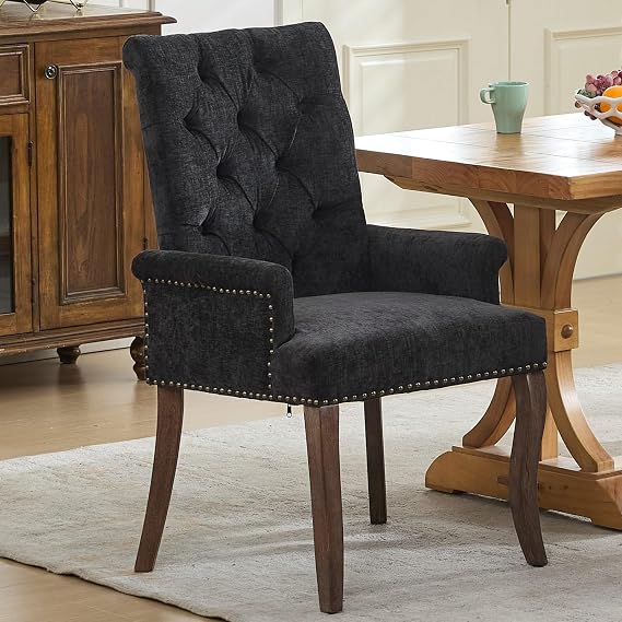 Upholstered Accent Dining Chair, Tufted Wingback Dining Chairs with Solid Wood Legs & Nailhead Trim, High Back Armchair for Living Room Kitchen (Black)
