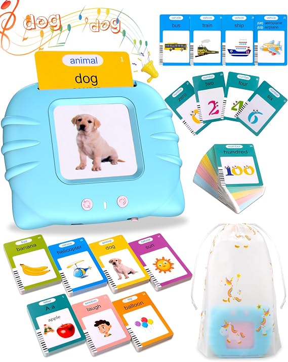 510 Words Talking Flash Card Speaking English, British English Early Educational Toys for 2 3 4 5 6 Year Old Baby Boys Girls, Pronunciation Lerning Toys Blue Birthday Gifts