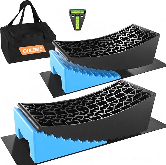 OULEME RV Leveling Blocks, Camper Leveler System 2 Packs for Dual Axle Tandem Wheel Travel Trailer, Include 2 Curved Leveler Ramp, 2 Chock, 2 Rubber Mat, 1 T Bubble Level, 1 Carry Bag, Blue