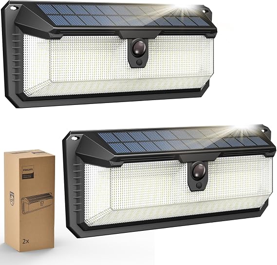 Philips Solar Lights Motion Sensor Outdoor, 258 LEDs Solar Powered Security Lights, 3 Lighting Modes, Waterproof Wall Lights for Outside Yard Fence Garden Garage (2) [Energy Class A]