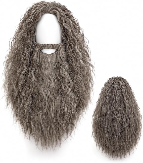 Kangaroo Gray Wizard Costume Wig with Fake Beard & Mustache Set for Adults