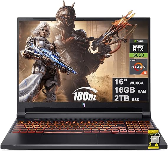 Acer Nitro V 16 AI Gaming Laptop 16" WUXGA IPS 180Hz AMD 6-core Ryzen 5 240 16GB DDR5 2TB SSD GeForce RTX 5050 (Up to 421 AI Tops) Backlit Wi-Fi6E Type-C Win11 w/ICP Acc