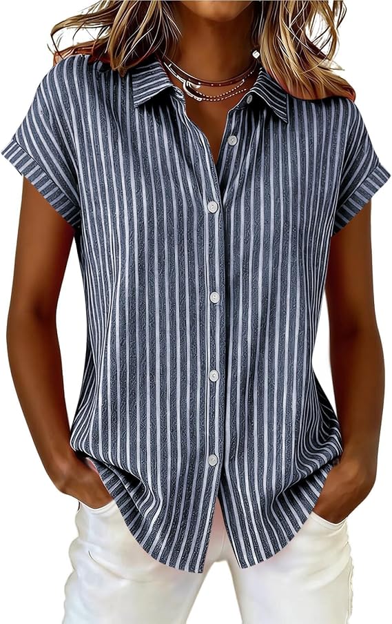 Beessbest Women's Striped Button Down Shirt Short Sleeve Collared Blouse