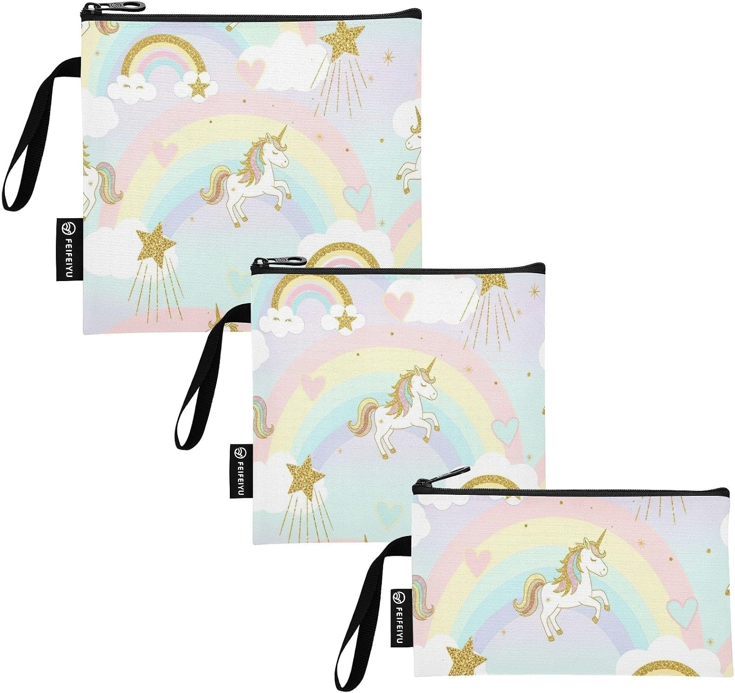 Glittery Gold Unicorns Washable Snack Bags and Sandwich Bag Reusable, Zipper Food Storage Pouch for School Office Travel Work Set of 3: SML