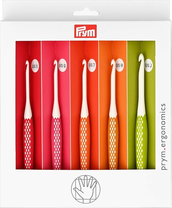 Prym Ergonomics Crochet Hook Set, Small (E, G, 7, H, J) | Ergonomic Crochet Hooks for Smooth Stitches, Even Tension, Reduced Hand Fatigue for Beginners & Experienced Crocheters