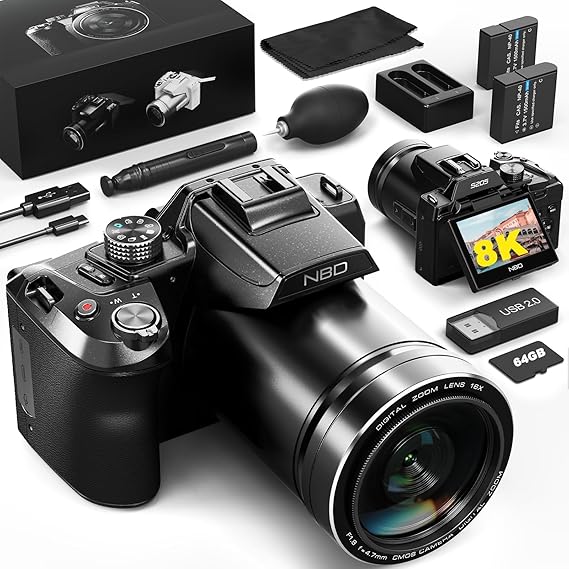 8K Digital Camera, 64MP Cameras for Photography with 3" Flip Screen, 16X Zoom, WiFi & Autofocus, Vlogging Camera for YouTube, Includes 64GB Card & 2 Batteries