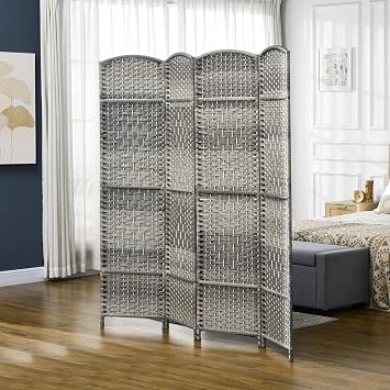 4 Panel Room Divider, 6' Tall Folding Privacy Screen, Hand-Woven Freestanding Wood Partition for Home Office, Bedroom, Mixed Gray
