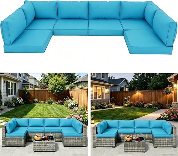 Patio Replacement Cushions for Outdoor Furniture, 14-Piece, Water-Repellent & Fade Resistant, Rattan Wicker Sectional Sofa Cushions for 6-Seat Patio Conversation Sets