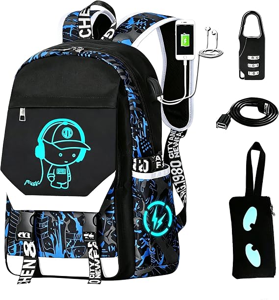 Anime Luminous Backpack Waterproof.Cool Backpacks15.6 in Large capacity Laptopeight Backpack.with USBChargingHeadphones Port.Luminous Backpack.Security Lock