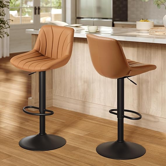 VASAGLE Bar Stools Set of 2, Adjustable Bar Chairs with Backs, 360° Swivel, Metal Footrest, Barstools, for Kitchen Dining Reception, PU Leather, Caramel Brown LJB181KN02