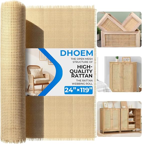 24" x 119" Extra Long Natural Rattan Webbing Roll, Cane Fabric by The Yard for Large DIY Projects, Furniture Repair, Chair Seats, Cabinet Doors & Home Decor