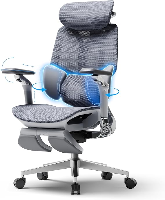 Hbada E3 Pro 2026 Edition Ergonomic Office Chair, Mesh Desk Chair with 3-Zone Floating Lumbar Support, Upgraded 4D Headrest, 720° Armrests, Grey with Footrest
