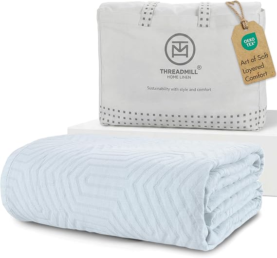 Threadmill Luxury Cotton Blankets for Queen Size Bed | All-Season 100% Cotton Queen Size Blanket | Aster Jacquard Cozy Lightweight, Soft Breathable Coverlet fits Full Size Bed, 90x92 | Light Blue