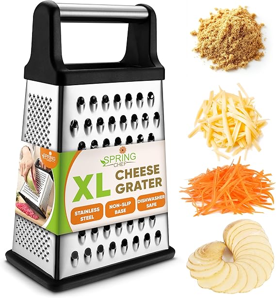 Spring Chef Stainless Steel XL Cheese Grater for Kitchen, Black | 4 Sided Manual Metal Box Grater for Carrot, Potato, Parmesan, Cheese Shredder, Professional Vegetable Grater, Dishwasher Safe