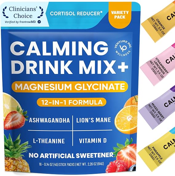 Venture Pal Calm Drink Mix, 12-in-1 Cortisol Reducer & Sleep Aid | Magnesium Glycinate, Ashwagandha, L-Theanine & Vitamin D, Calm Magnesium Powder for Relax & Focus, No Sugar, Non GMO