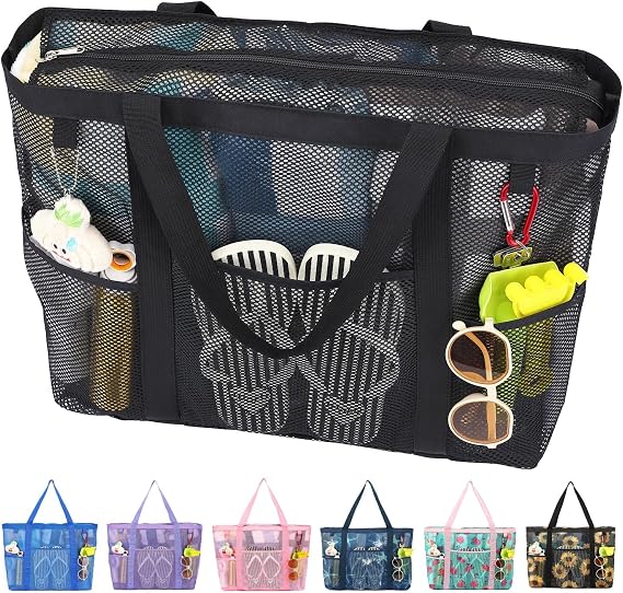 Fammart Mesh Beach Bag with Zipper for Women, Large Beach Tote Sandproof Toys Pool Swim Bag Travel Vacation Cruise Essentials