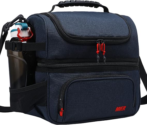 MIER Leakproof Lunch Bag for Men Women with Double Decks, Dark Blue, 15L | Insulated Cool Bag with Adjustable Shoulder Strap, Cooler with Multiple Pockets for Work, Picnics, Camp, Easy to Wipe Clean