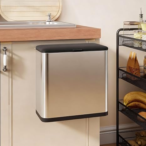 HOMCOM 8L Hanging Kitchen Bin Stainless Steel Press-to-Open Lid Silver Tone
