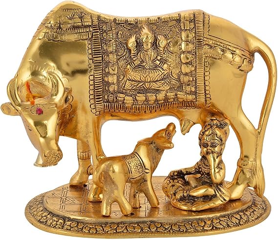 BRIJ HAAT Kamdhenu Cow and Calf with Gopal Krishna Showpiece Big Metal @17cm Gold