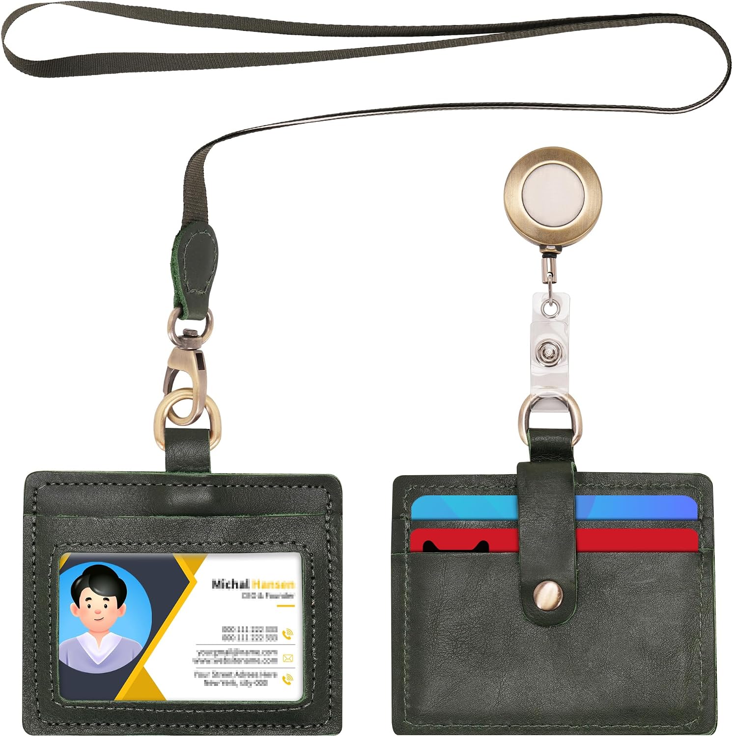 Wonderpool Leather Horizontal Badge Holder with Detachable Neck Lanyard and Retractable Badge Reel Clip, Card Slots Case ID Card Holder for ID Badges Card and Driver Licence Green