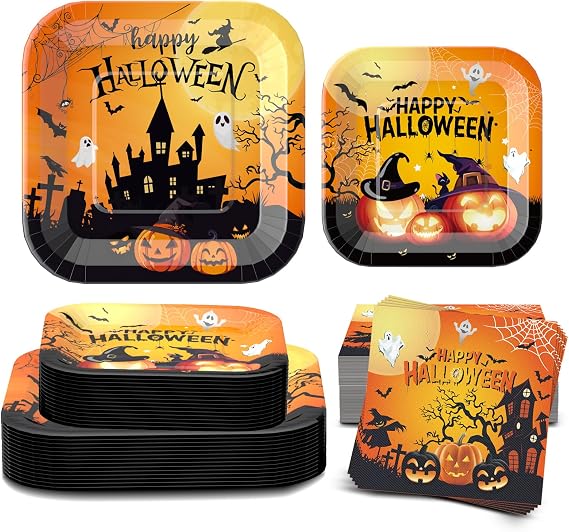 Halloween Paper Plates and Napkins, Service 25 Square Halloween Plates and Napkins Party Supplies Decorations