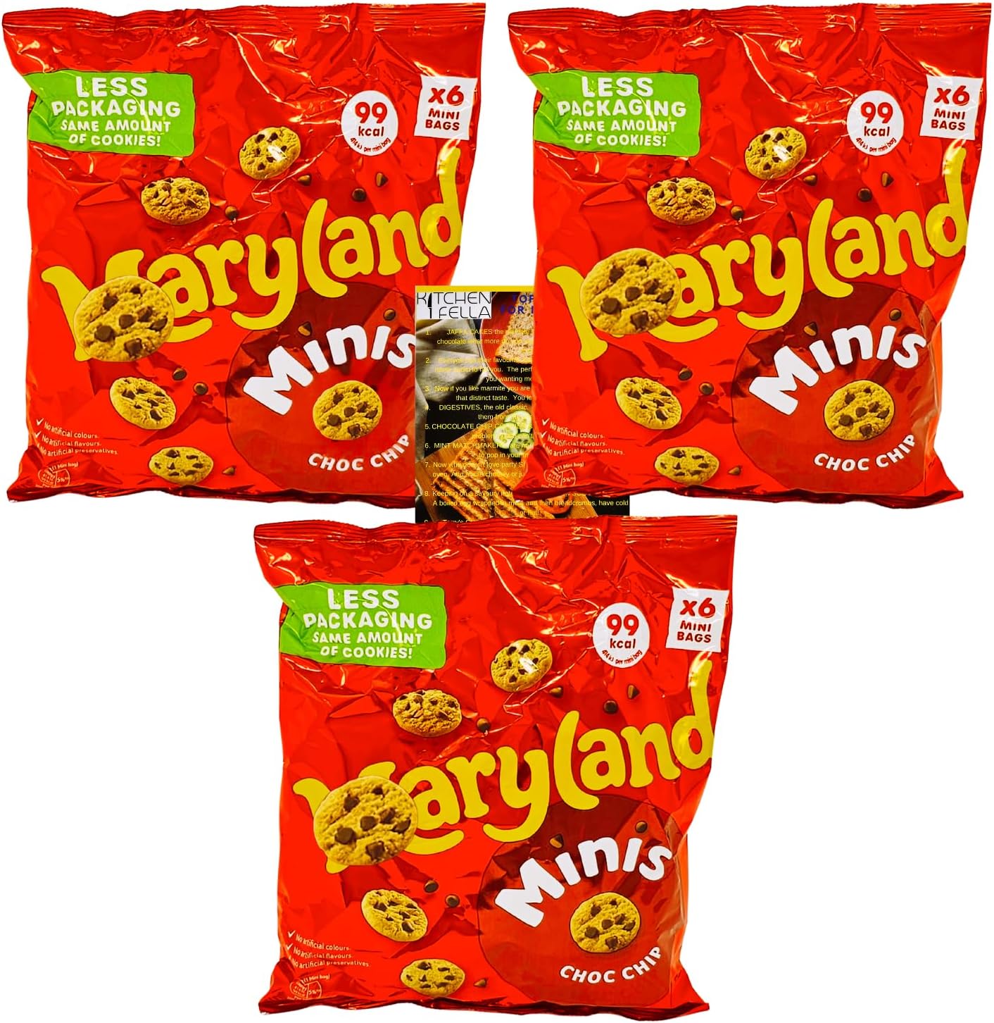 Maryland Chocolate Chip Biscuits Multipacks Mini – 6 Mini Bags Pack of 3, 99 Kcal per Bag, No Artificial Colours or Preservatives, Vegetarian Snack with Kitchen Fella Movie Night Treats Postcard
