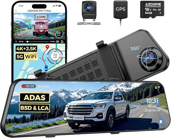 AZDOME 12" 4K+2.5K Rearview Mirror Dash Cam with ADAS, 64GB Card Included
