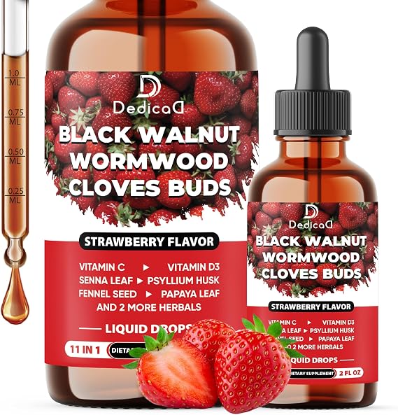 DEDICAD 11in1 Black Walnut Wormwood Cloves Liquid Drops with Cloves Buds, Senna Leaf, Psyllium Husk, Fennel Seed, Papaya Leaf and More - 2 oz Fl - 60 Days - Strawberry Flavor